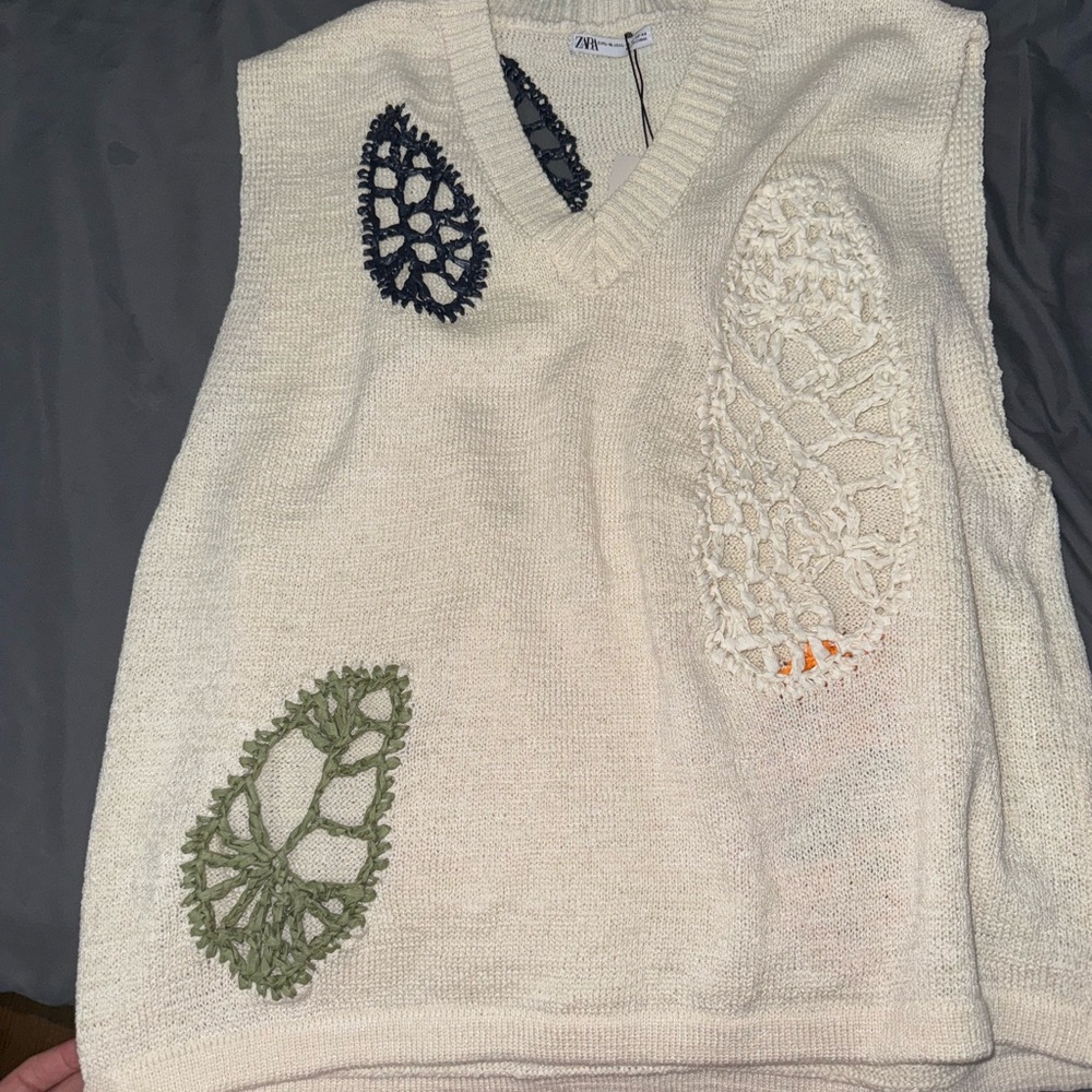 Zara Women's Cream V-Neck Sweater with Crochet Details